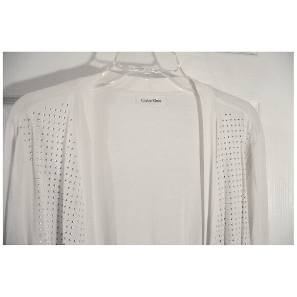 Calvin Klein Silver Beaded White Women's Open Cardigan Blouse Long Sleeve Sz L - Picture 2 of 3